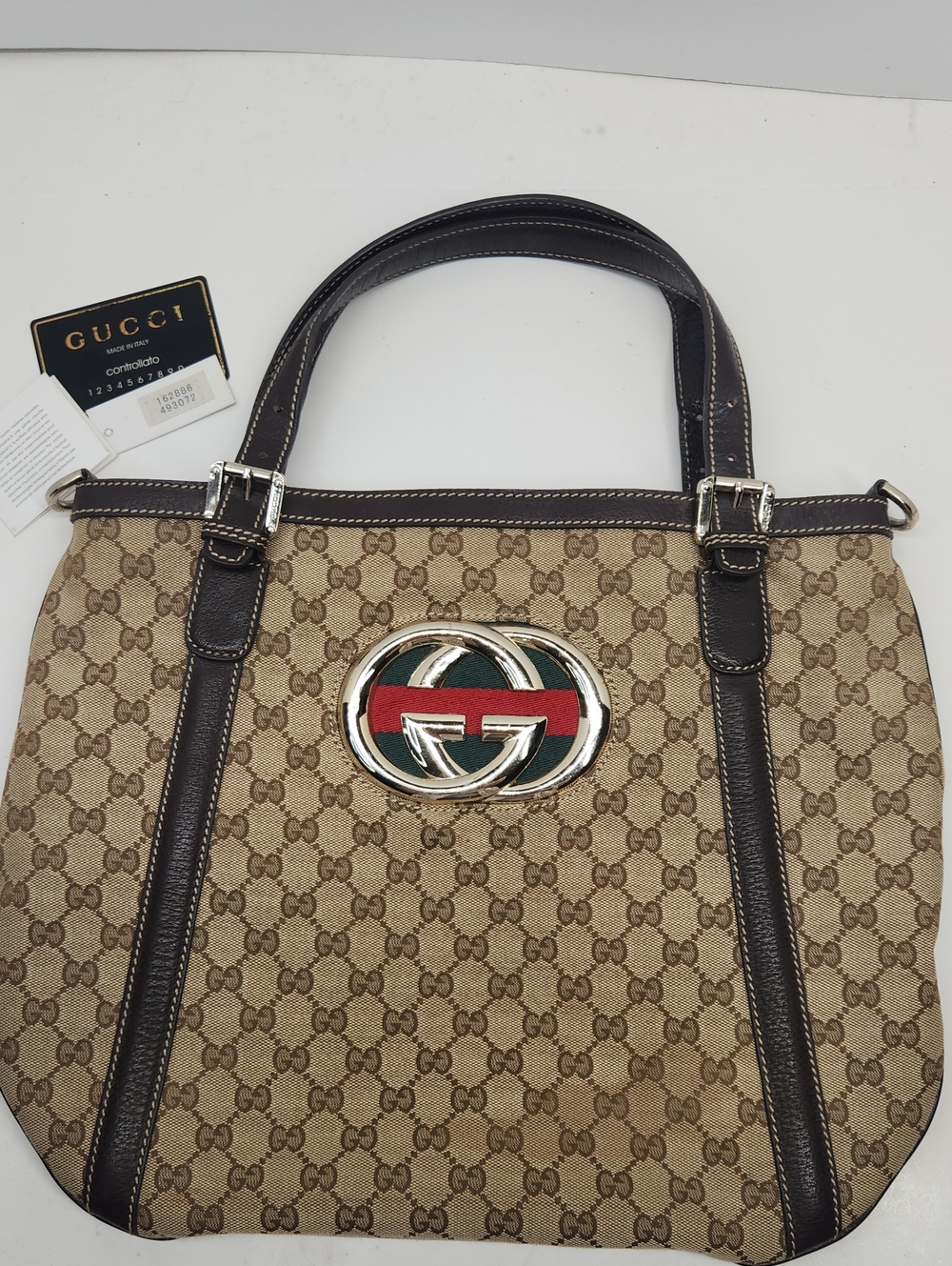 Gucci BRITT Beige GG Canvas Tote with Brown Leather SHERRY GG